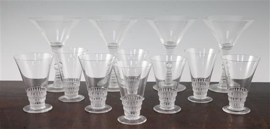 Eight Lalique Bourgeuil pattern glasses and four Lalique Martini glasses, 9.5cm and 15cm, Martini glasses crizzled